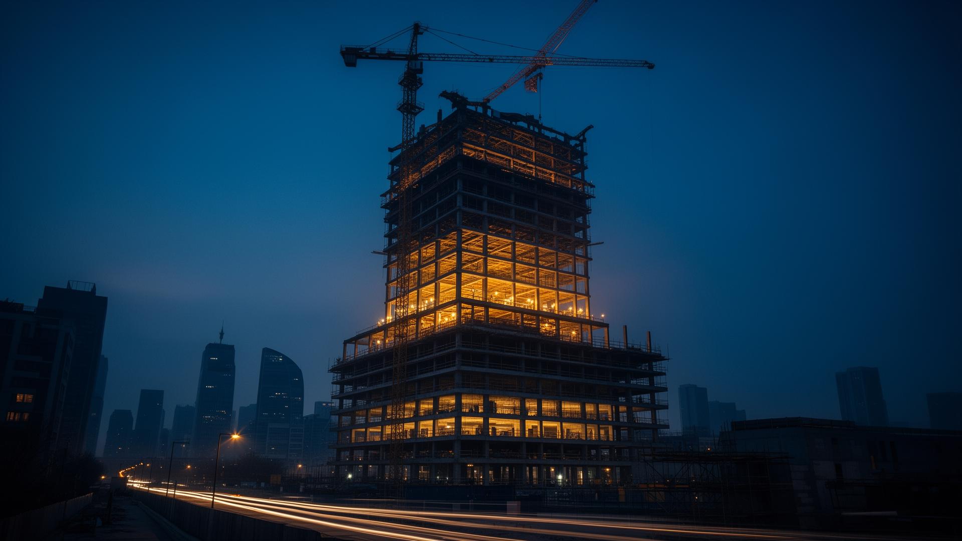 Tour en construction au crépuscule — métaphore de bâtir l'avenir
